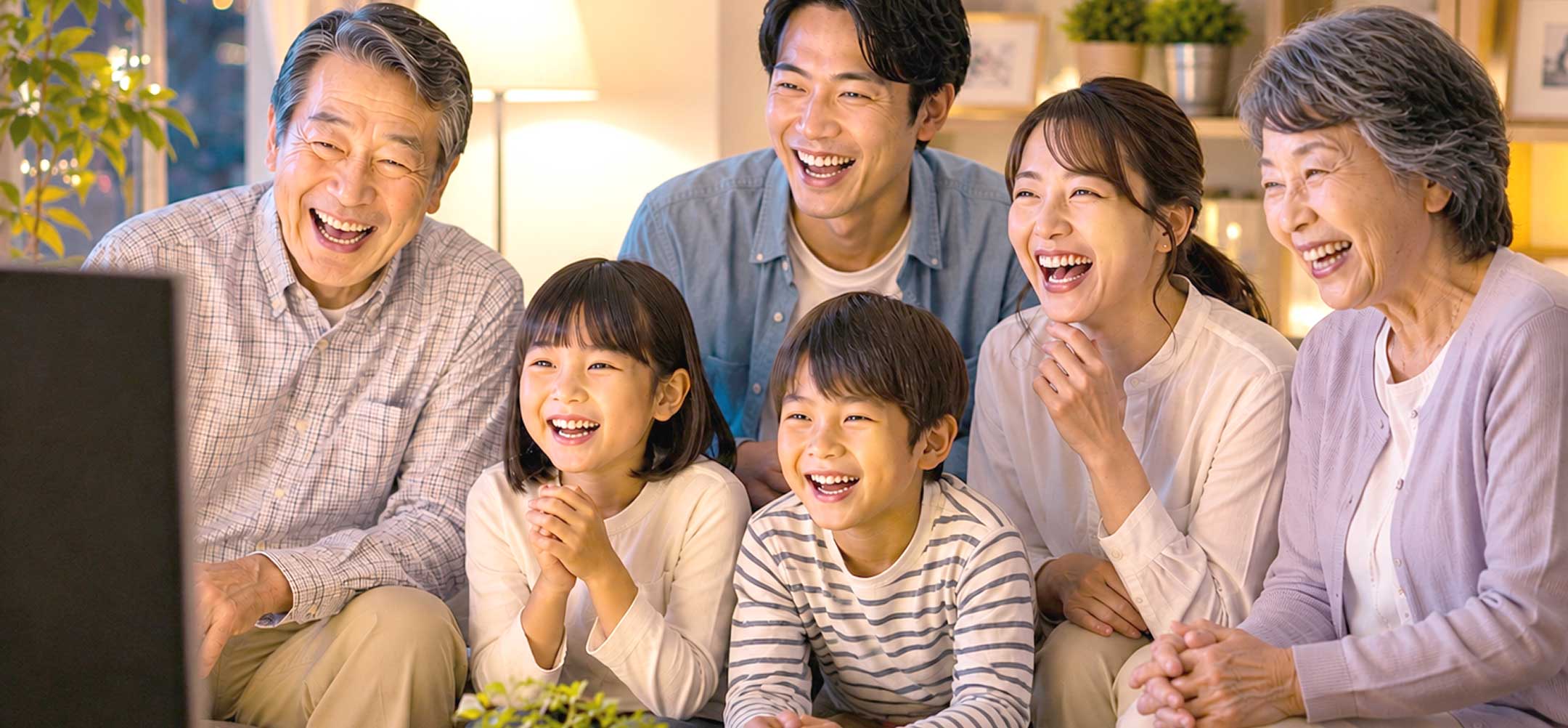 テレビを見ながら盛り上がる家族
