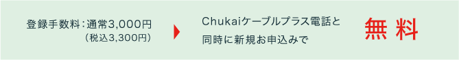 Chukaiケーブルプラス電話と同時に新規お申し込みで、登録手数料通常3,000円(税込3,300円)が無料