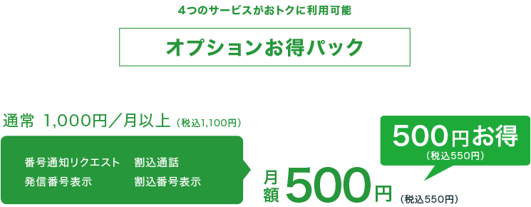 オプションお得パック　通常1,300円/月（税込1,430円）が月額690円（税込759円）